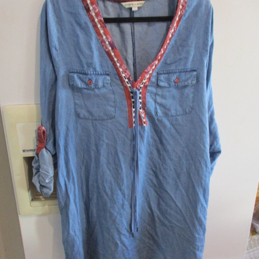 CRIMSON IN GRACE Boho Tunic Dress Womens L Blue Denim Tab Sleeve V Neck
